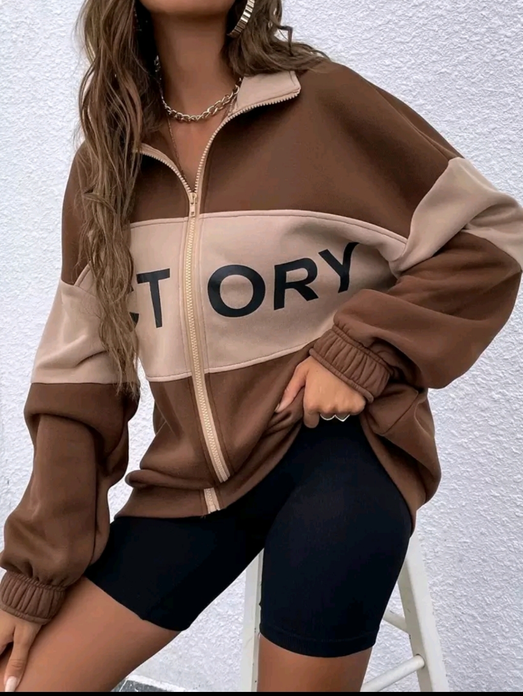 Two-Tone Brown Zip-Up Colorblock Jacket